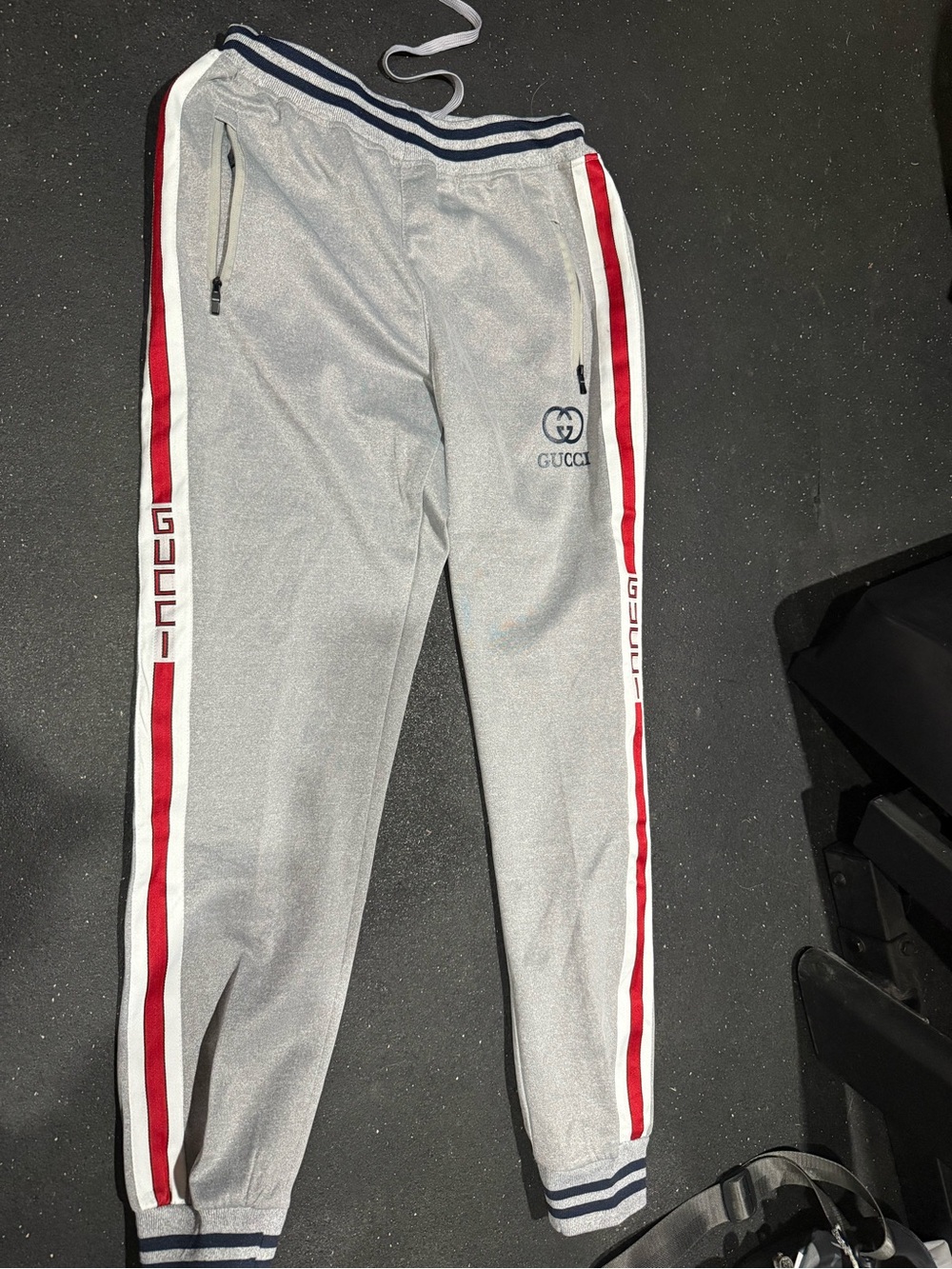 Gucci Gray Track Pants with Red Stripe